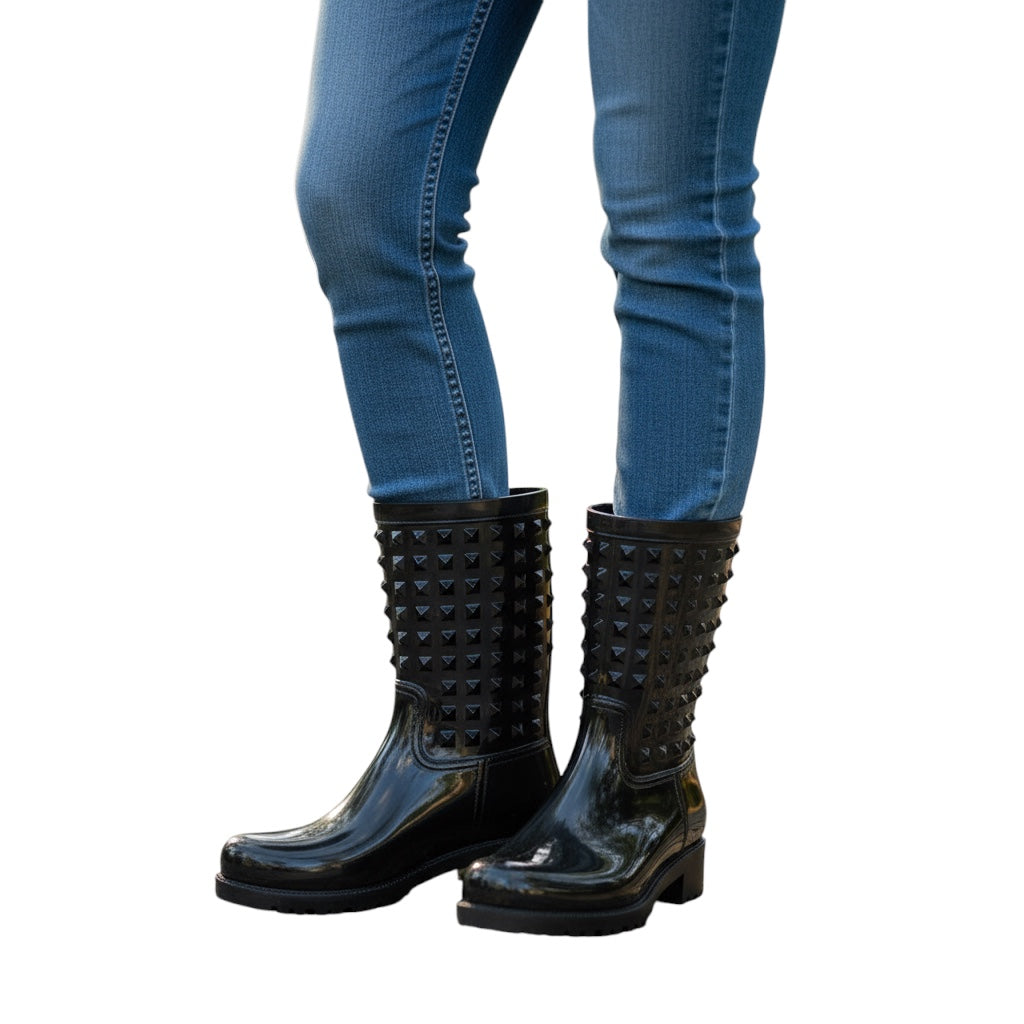 Valentino Black Rockstud Rubber Rain Boots