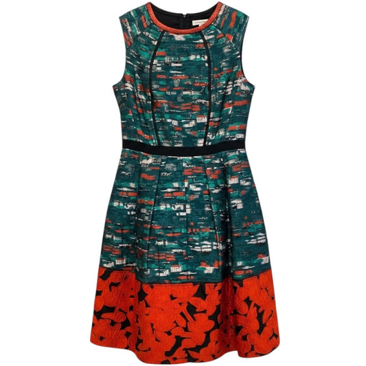 Oscar de la Renta Green / Poppy Red Metallic Jacquard Sleeveless Dress
