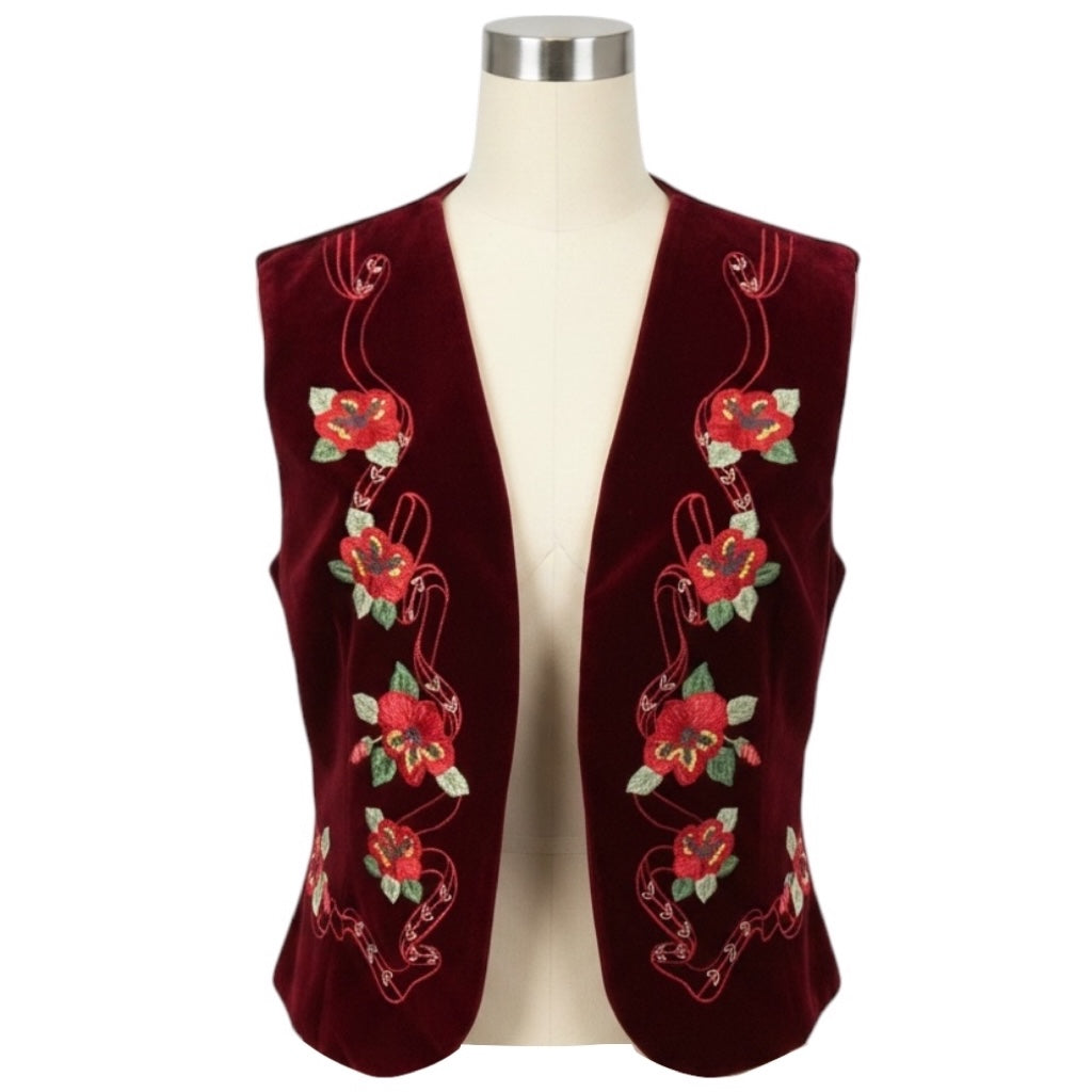 Loretta Caponi Bordeaux Hibiscus Floral Embroidered Cabana Lastra Velvet Gilet Vest