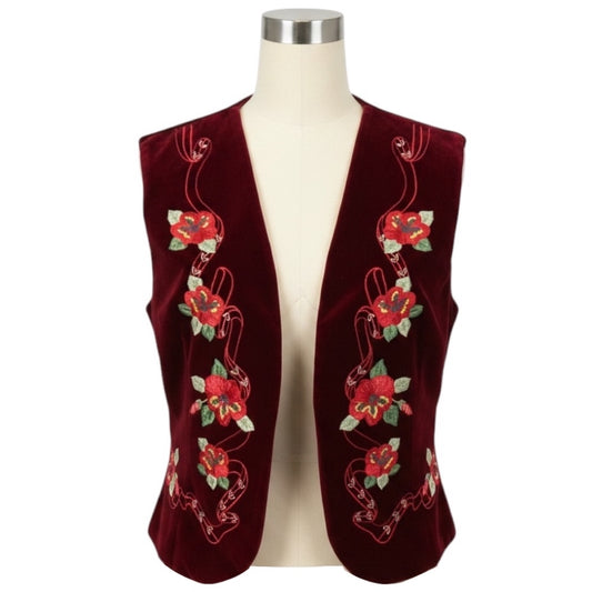 Loretta Caponi Bordeaux Hibiscus Floral Embroidered Cabana Lastra Velvet Gilet Vest