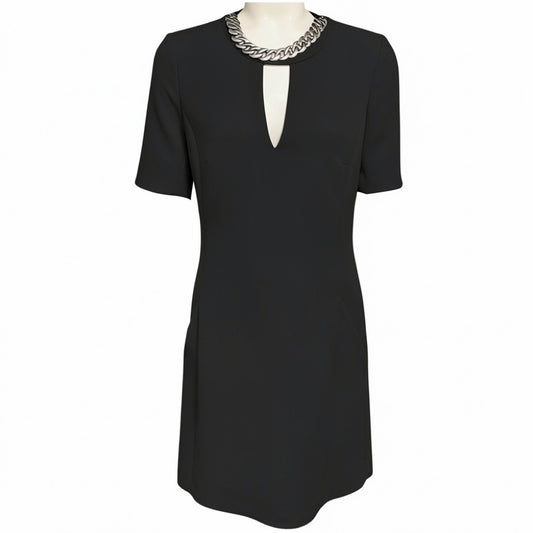Barbara Bui Black Crepe Midi Dress with Chain Jewel Neckline