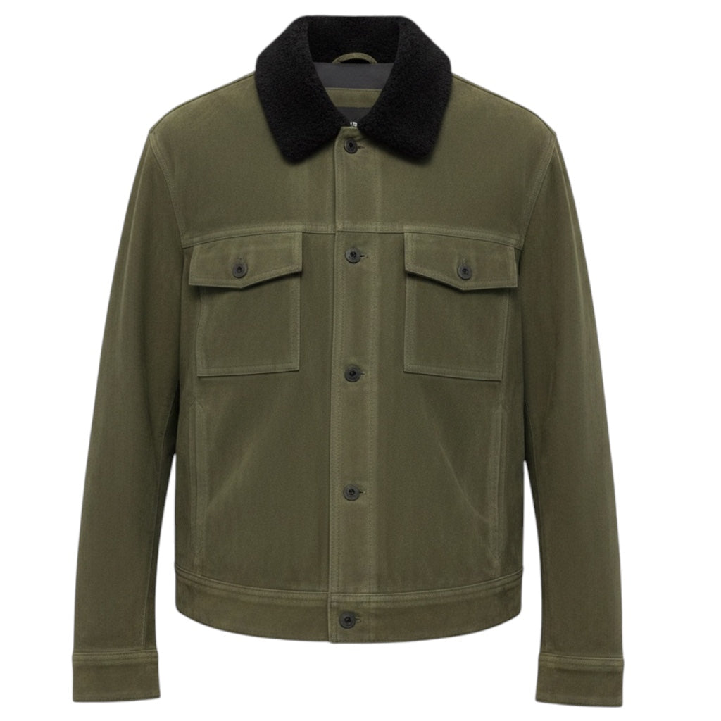 Vince Olive Green / Black Shearling Collar Suede Jacket