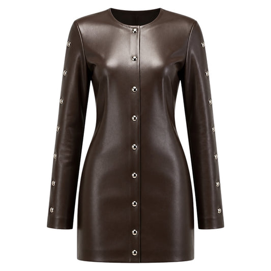 Stella McCartney Brown Vegan Leather Button Front Mini Dress