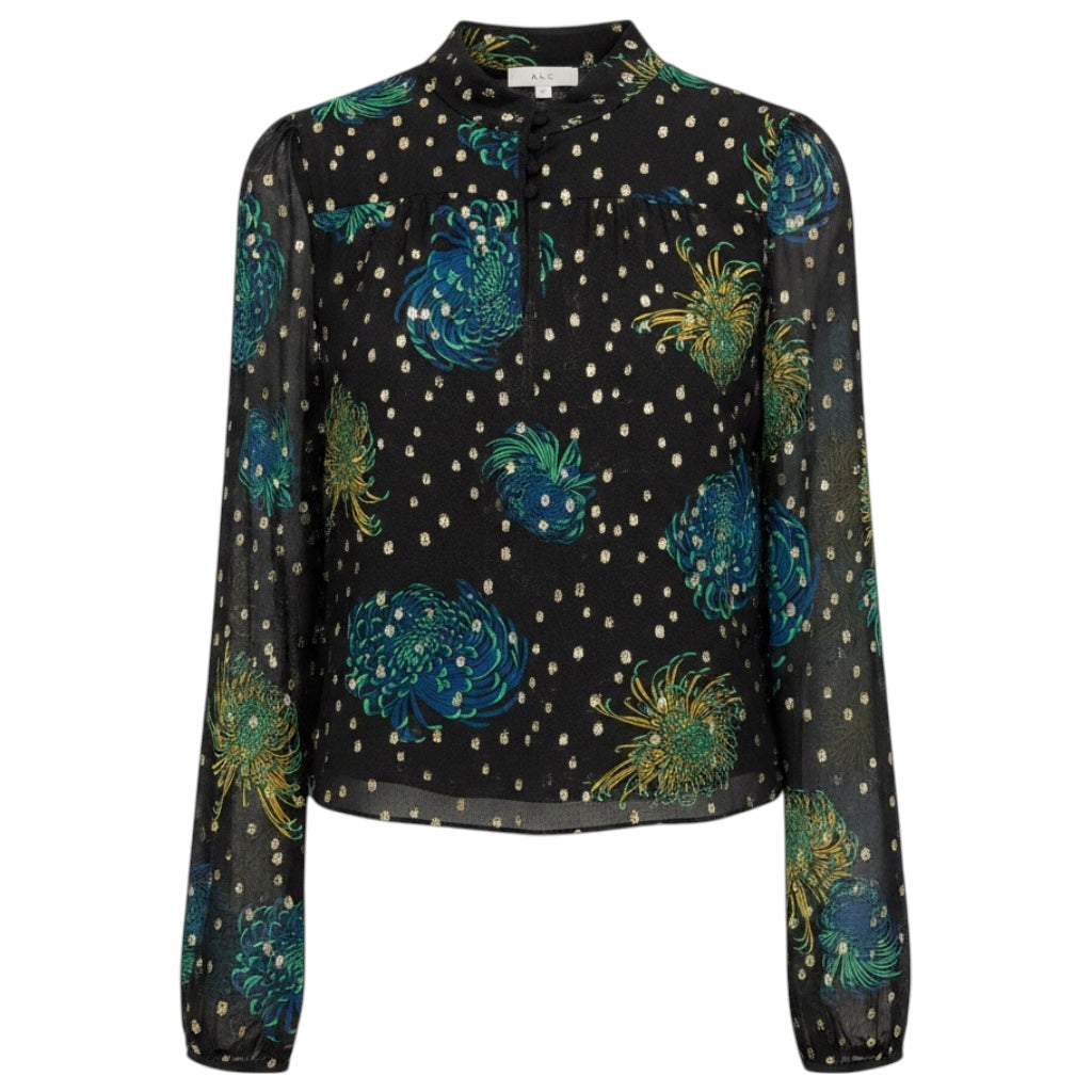 A.L.C. Black / Blue / Green / Yellow Multi Printed Silk Chiffon Blouse with Gold Metallic Lurex Dot Detail