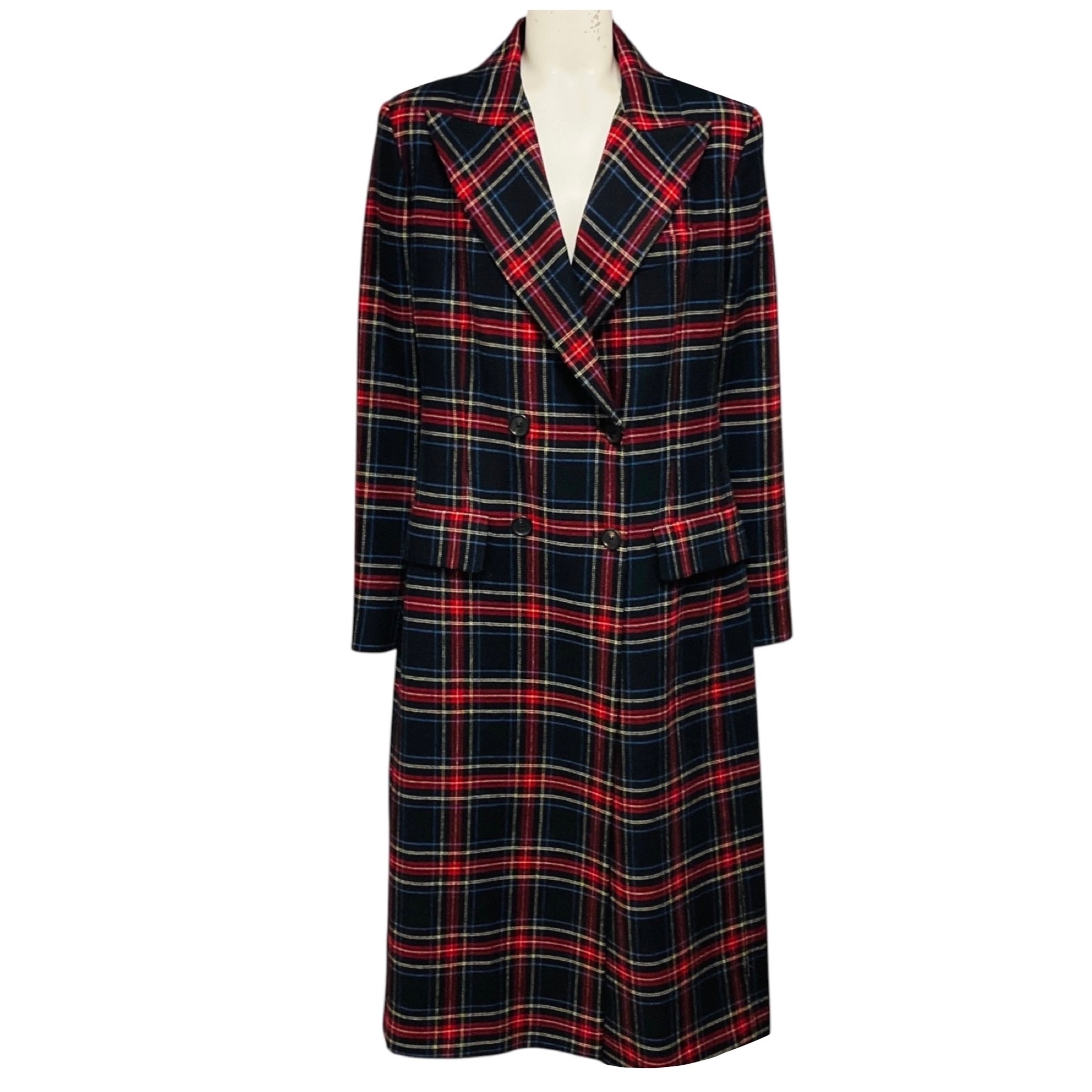Ermanno Scervino Black / Red / Blue Multi Plaid Double Breasted Mid-Length Wool Coat