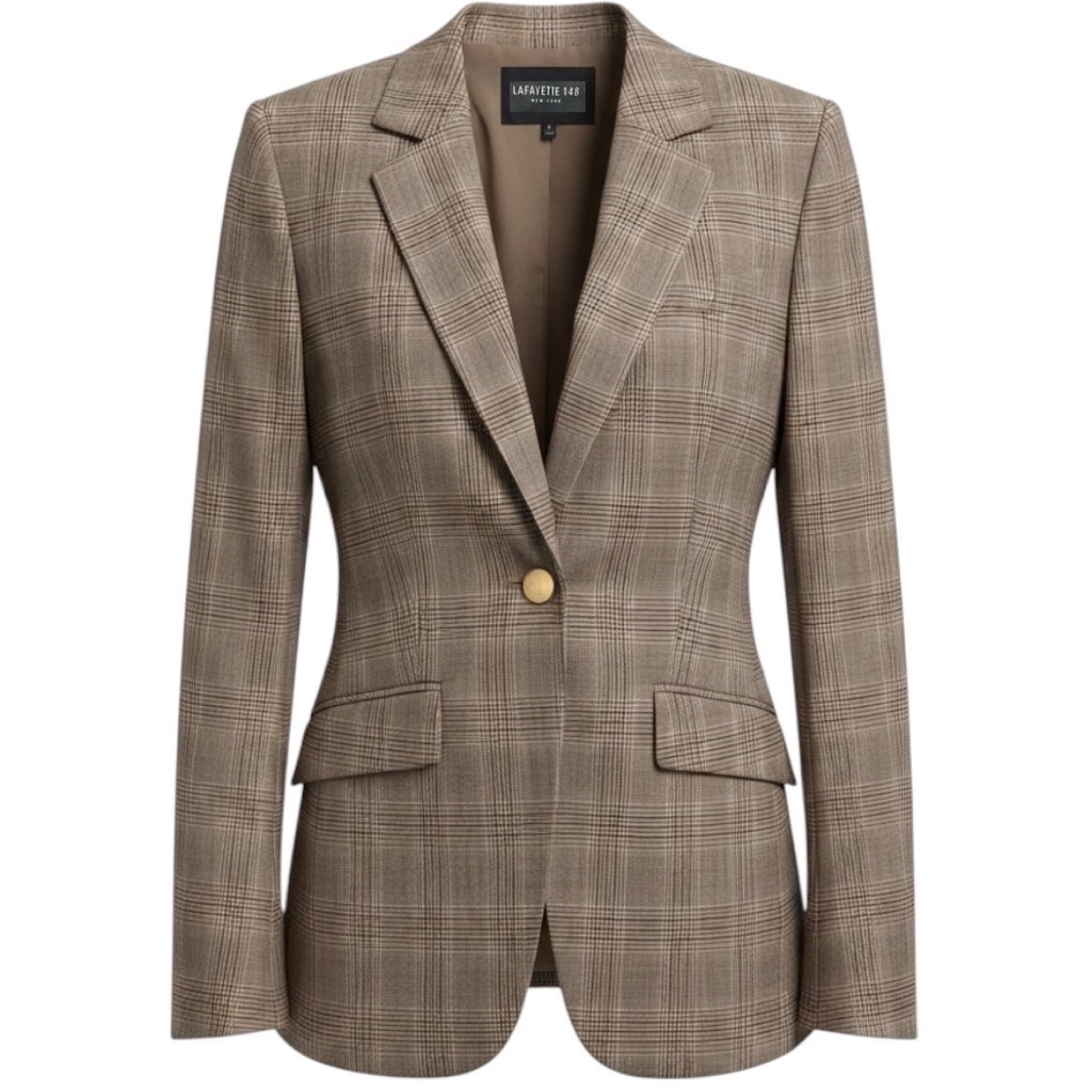 Lafayette 148 New York Beige / Brown Plaid One Button Wool Blazer