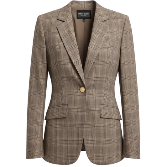 Lafayette 148 New York Beige / Brown Plaid One Button Wool Blazer