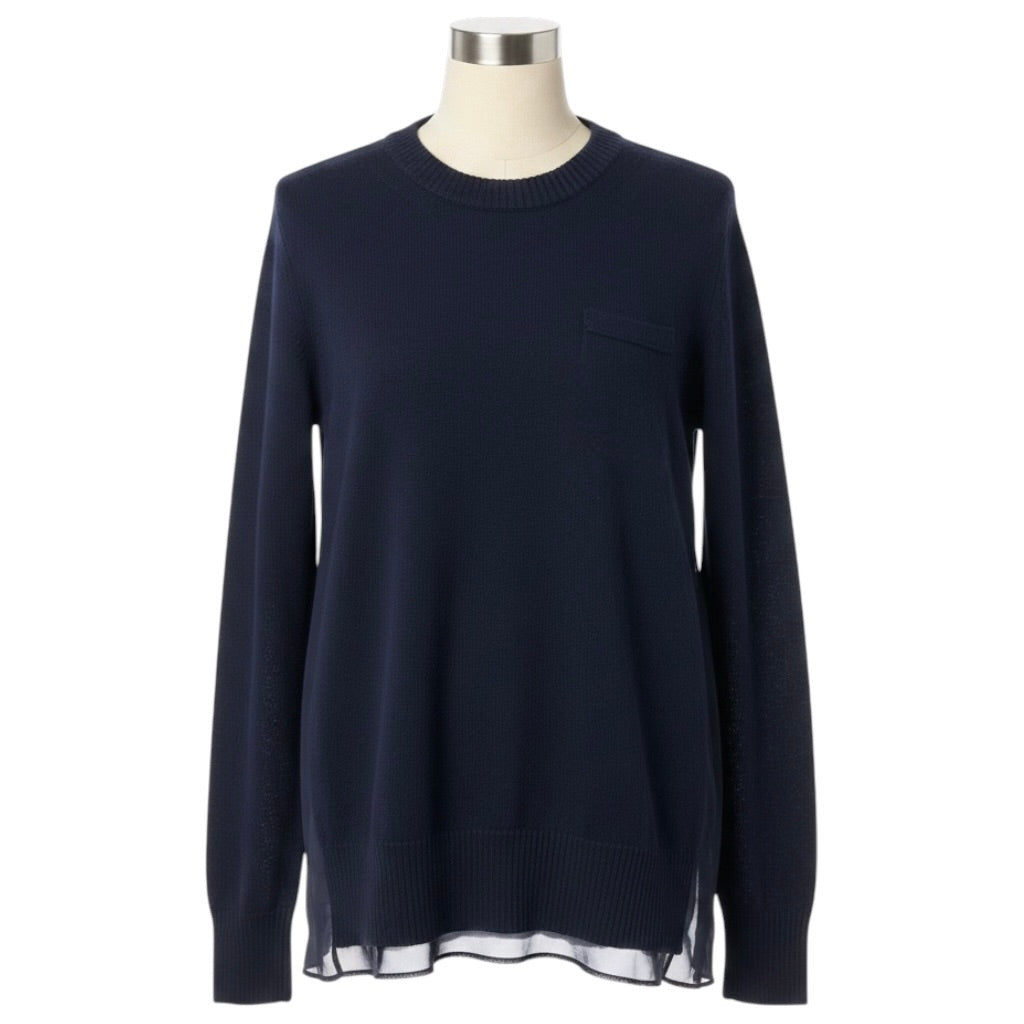 Sacai Navy Blue Wool Knit Pullover Sweater with Sheer Chiffon Back
