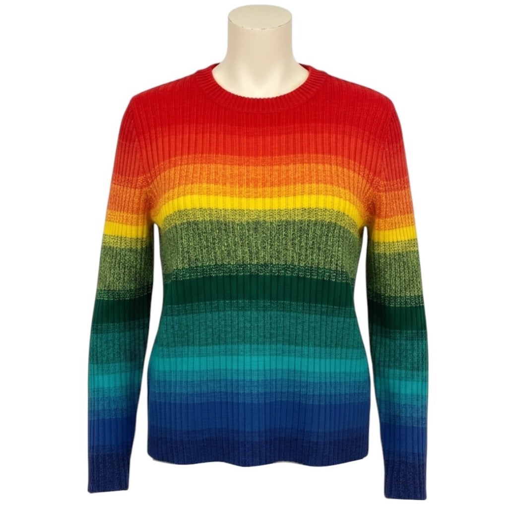 The Elder Statesman Rainbow Multicolor Multi Striped Cashmere Knit Crewneck Pullover Sweater