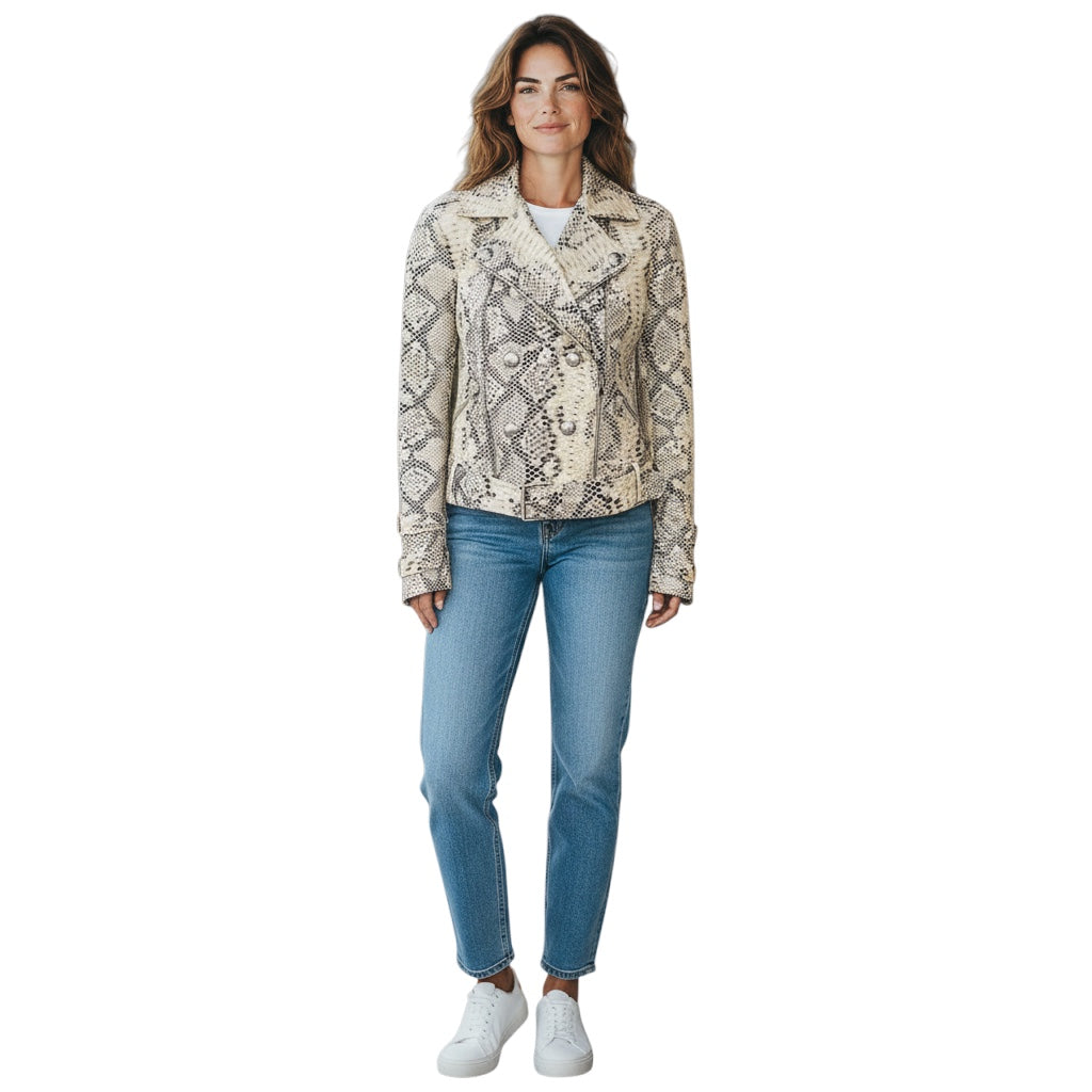 L'Agence Ivory Baldwin Snake Print Leather Jacket
