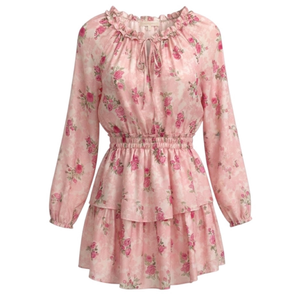LoveShackFancy Pink Floral Long Sleeved Silk Mini Dress