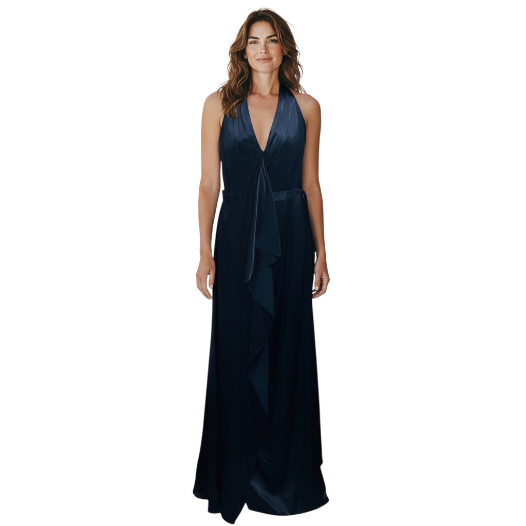 Carolina Herrera Navy Sleeveless V-Neck Satin Gown / Formal Dress