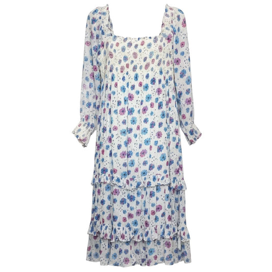 LoveShackFancy White / Blue / Pink Multi Floral Printed Smocked Long Sleeved Cotton Midi Dress