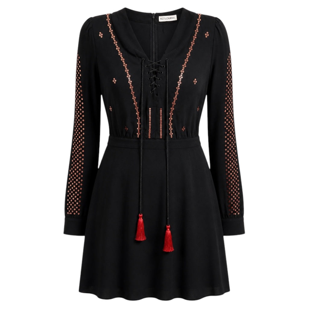 Altuzarra Black Sequined Long Sleeved Silk Crepe Dress with Tassel Detail