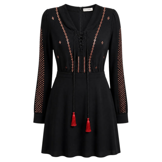 Altuzarra Black Sequined Long Sleeved Silk Crepe Dress with Tassel Detail