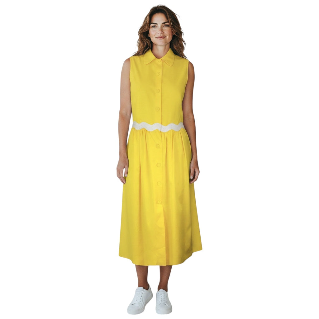 Moschino Couture Yellow / White Sleeveless Button Down Cotton Midi Dress