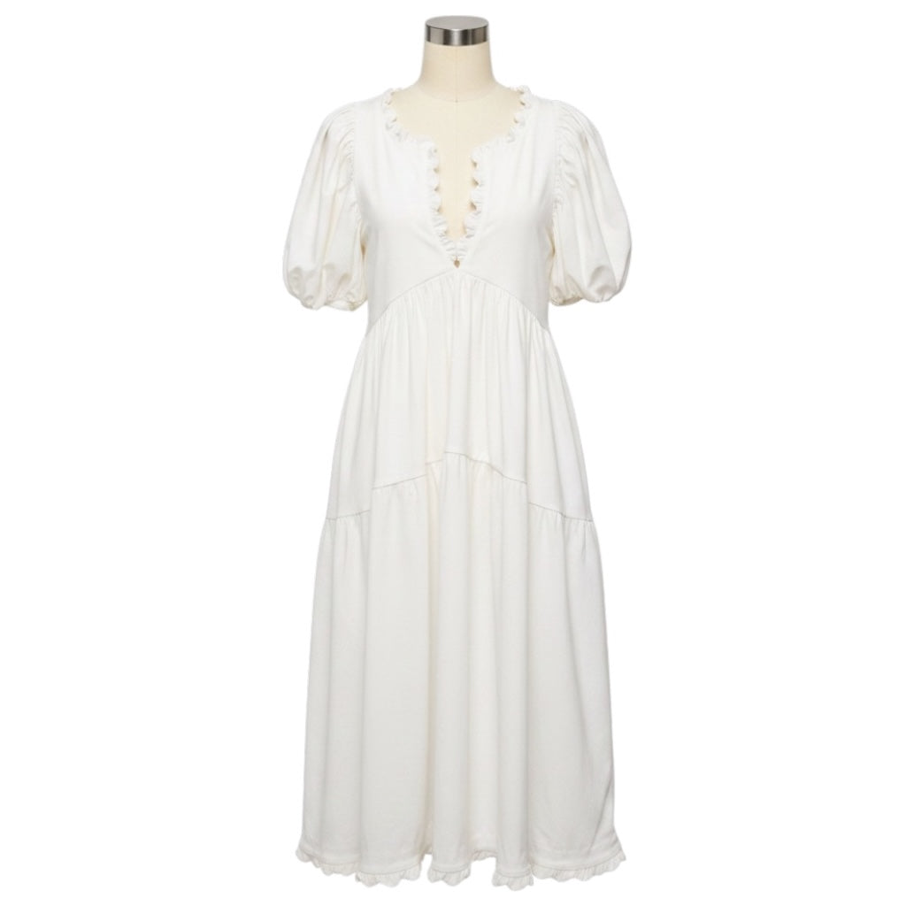 Kika Vargas White Ruffle Trim Cotton Stretch Midi Dress