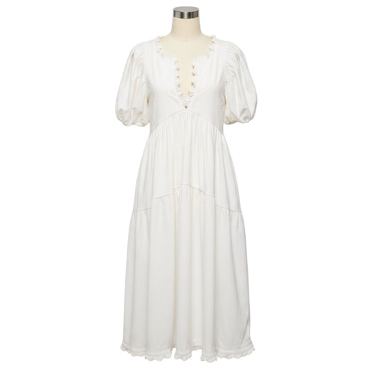 Kika Vargas White Ruffle Trim Cotton Stretch Midi Dress