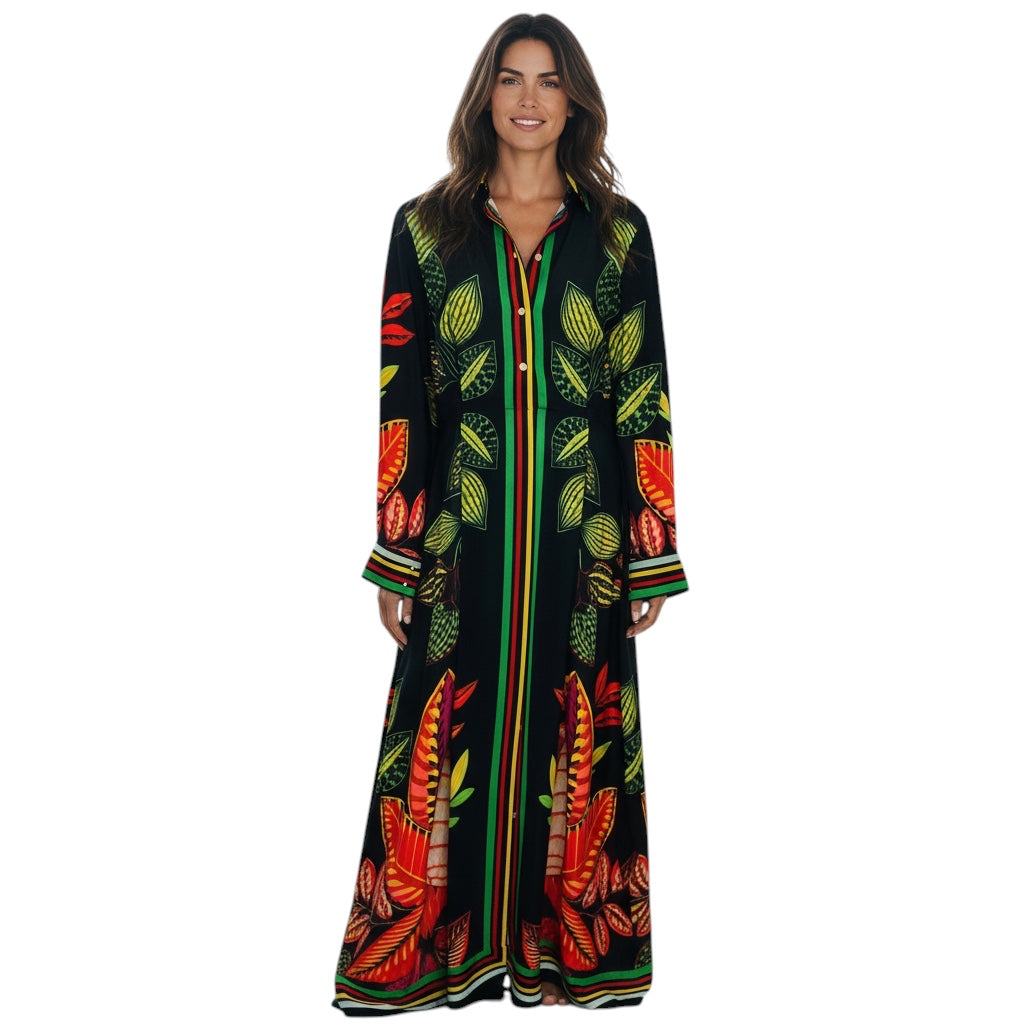 Elie Saab Black / Yellow / Red / Green Multi Leaf Print Silk Maxi Dress