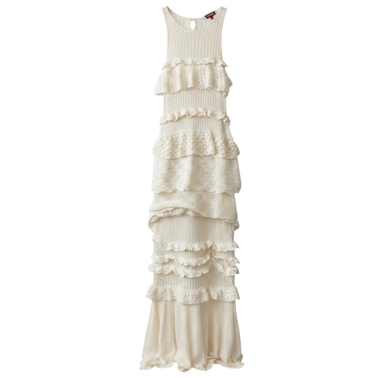 Staud Ivory Crochet Knit Sleeveless Maxi Dress