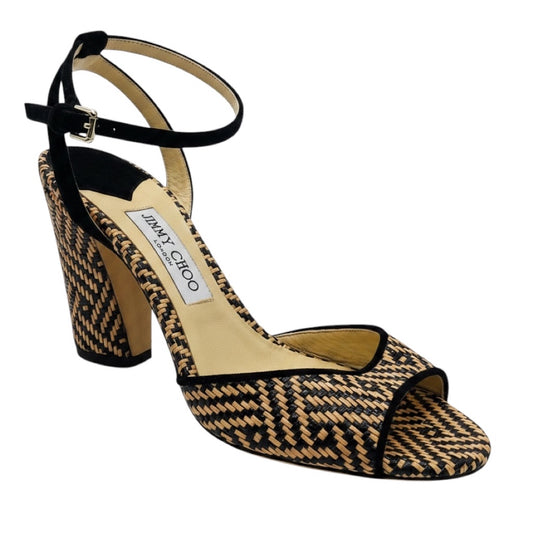 Jimmy Choo Tan / Black Edina Woven Raffia Ankle Strap Sandals with Suede Trim