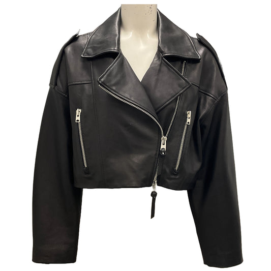 Agolde x Shoreditch Ski Club Black Remi Cropped Leather Biker Jacket
