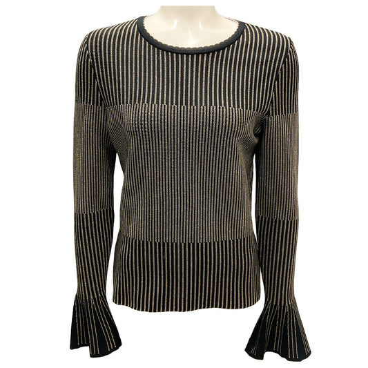 Oscar de la Renta Black / Gold Metallic Bell Sleeved Knit Top