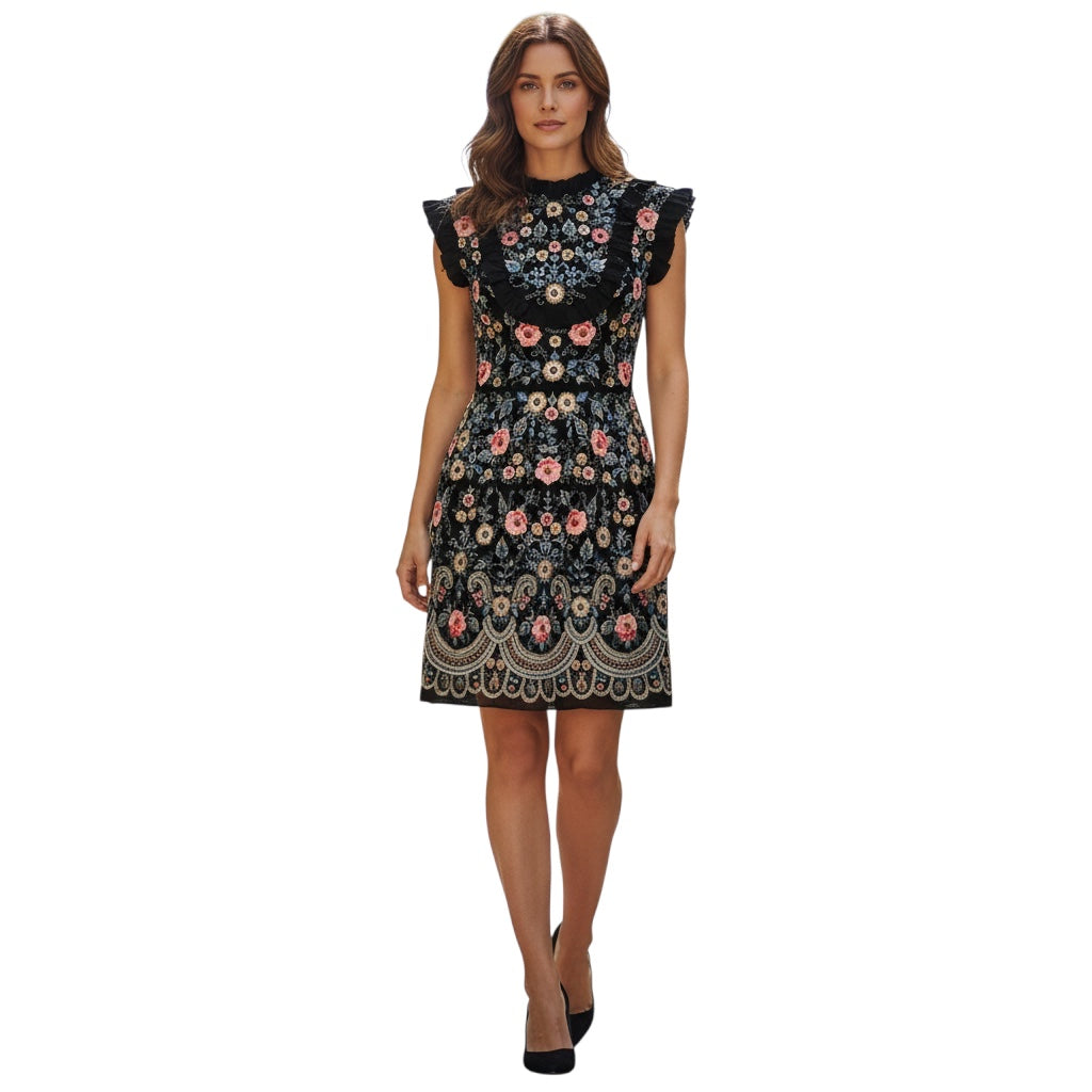 Needle & Thread Black Multi Floral Embroidered Mini Whisper Prom Dress