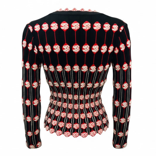 Alaia Black / White / Red Jacquard Knit Cardigan Sweater