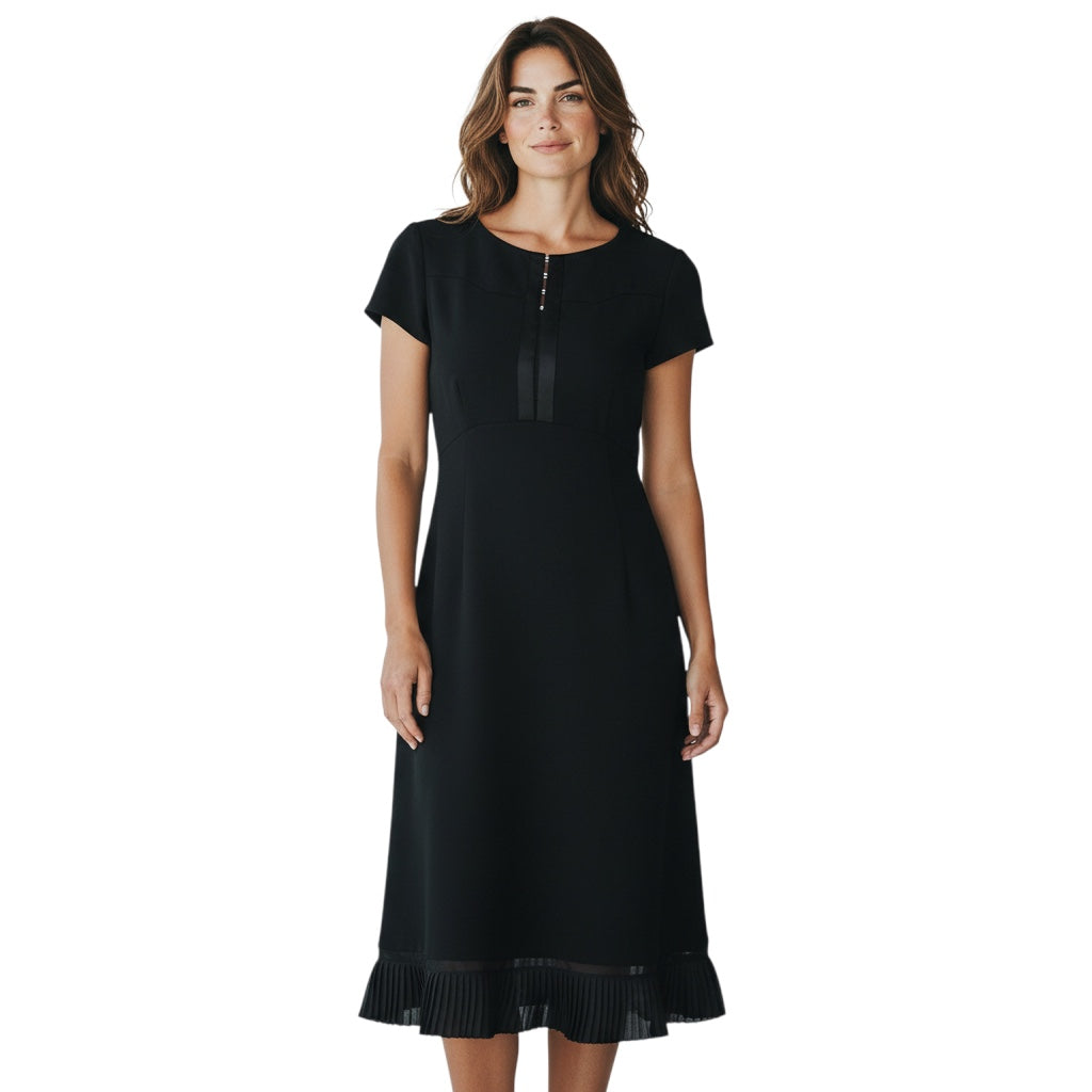 Narciso Rodriguez Black Short Sleeved Pleated Hem Wool Dress