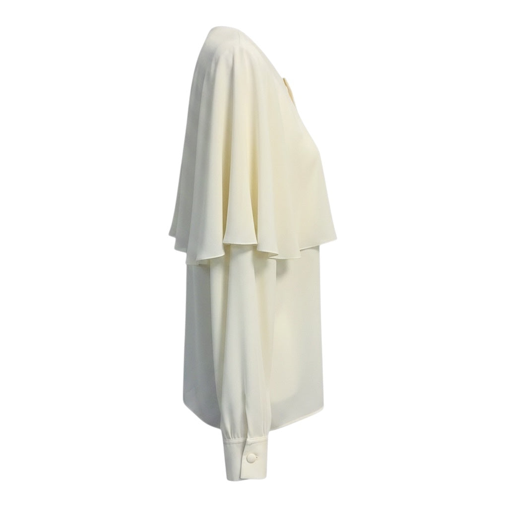 Chloe Ivory Caped Button Front Silk Chiffon Blouse in Pristine White