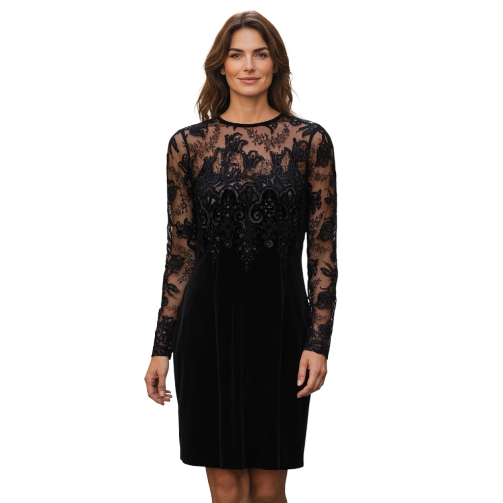 Oscar de la Renta Black Sequined Lace and Velvet Cocktail Dress