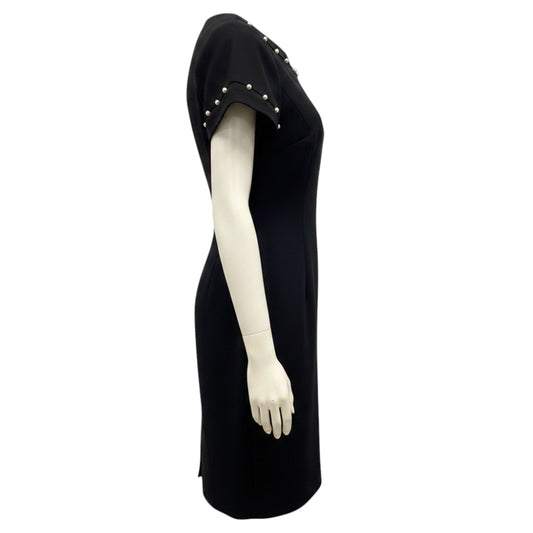 Teri Jon by Rickie Freeman Black Faux Pearl Embellished Short Sleeved Crepe Dress