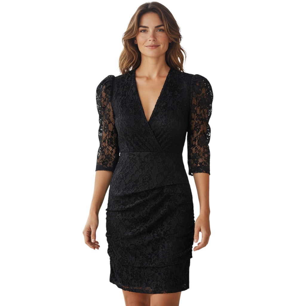 Maje Black Rimael Velvet Flocked Lace Puff Sleeve Mini Cocktail Dress