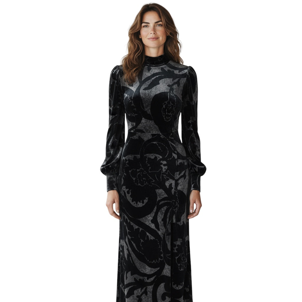 Etro Black / Silver Long Sleeved Velvet Maxi Dress