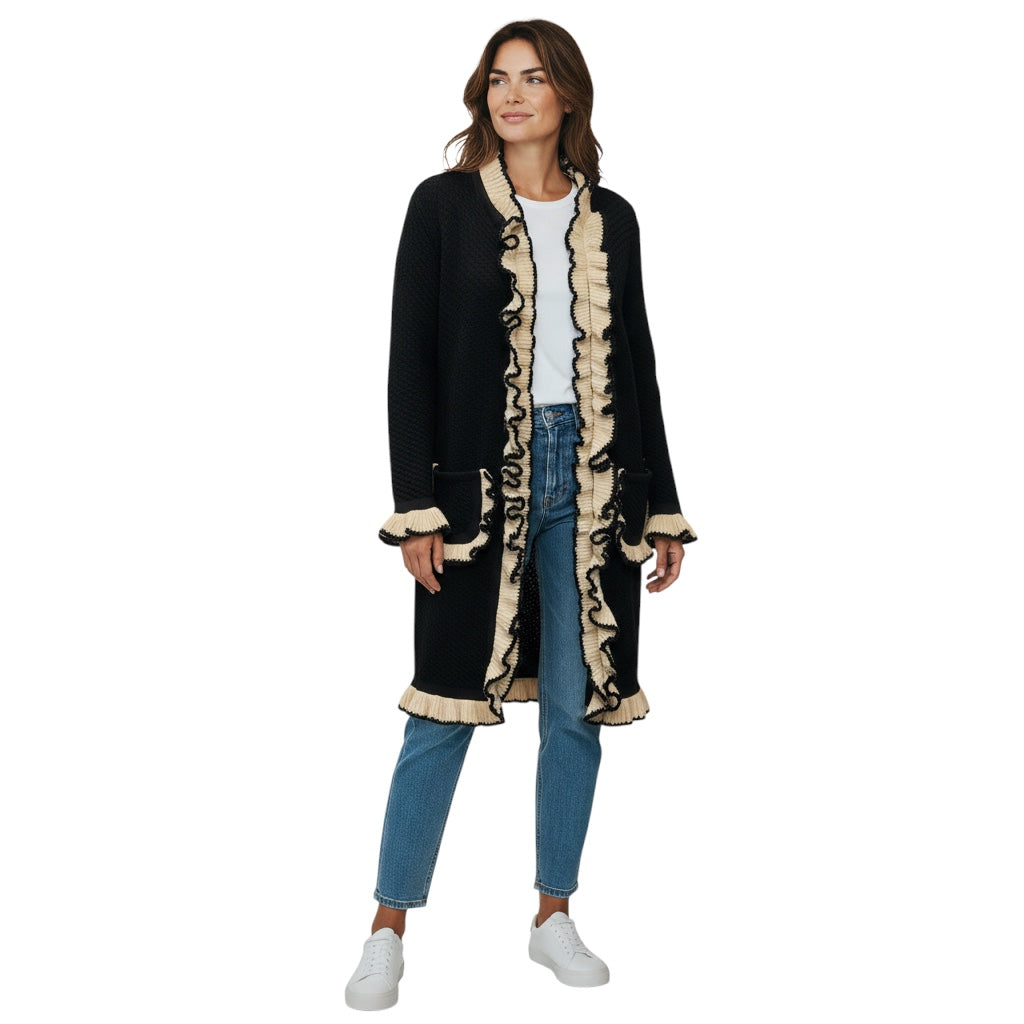 Boutique Moschino Black / Cream Ruffled Wool Knit Long Cardigan Sweater