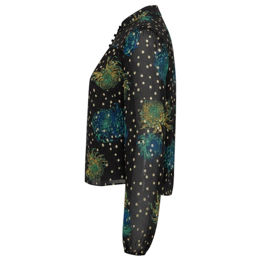 A.L.C. Black / Blue / Green / Yellow Multi Printed Silk Chiffon Blouse with Gold Metallic Lurex Dot Detail