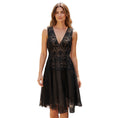 Load image into Gallery viewer, Lela Rose Black / Beige Embroidered Lace Sleeveless Midi Cocktail Dress
