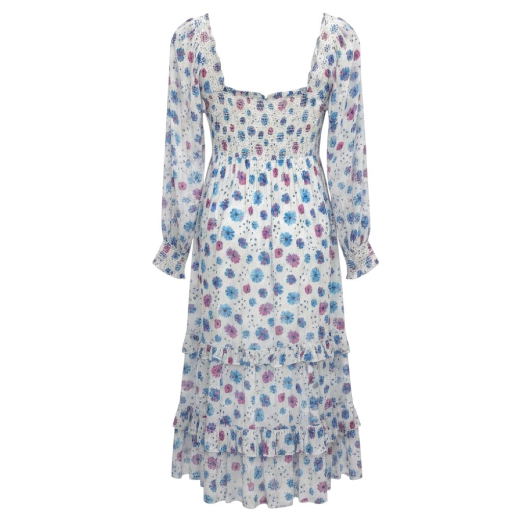 LoveShackFancy White / Blue / Pink Multi Floral Printed Smocked Long Sleeved Cotton Midi Dress