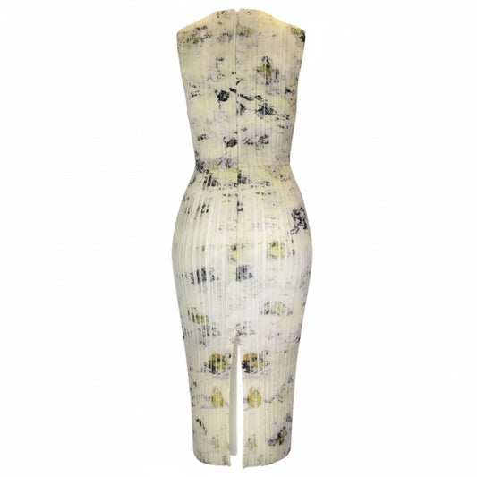 Jason Wu Collection Ivory Multi Printed Pleated Sleeveless Chiffon Midi Dress