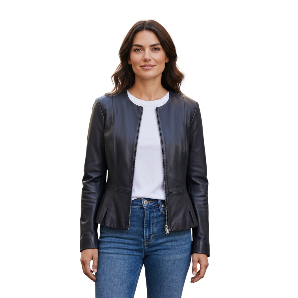 Shari's Place Navy Stretch Leather Peplum Jacket