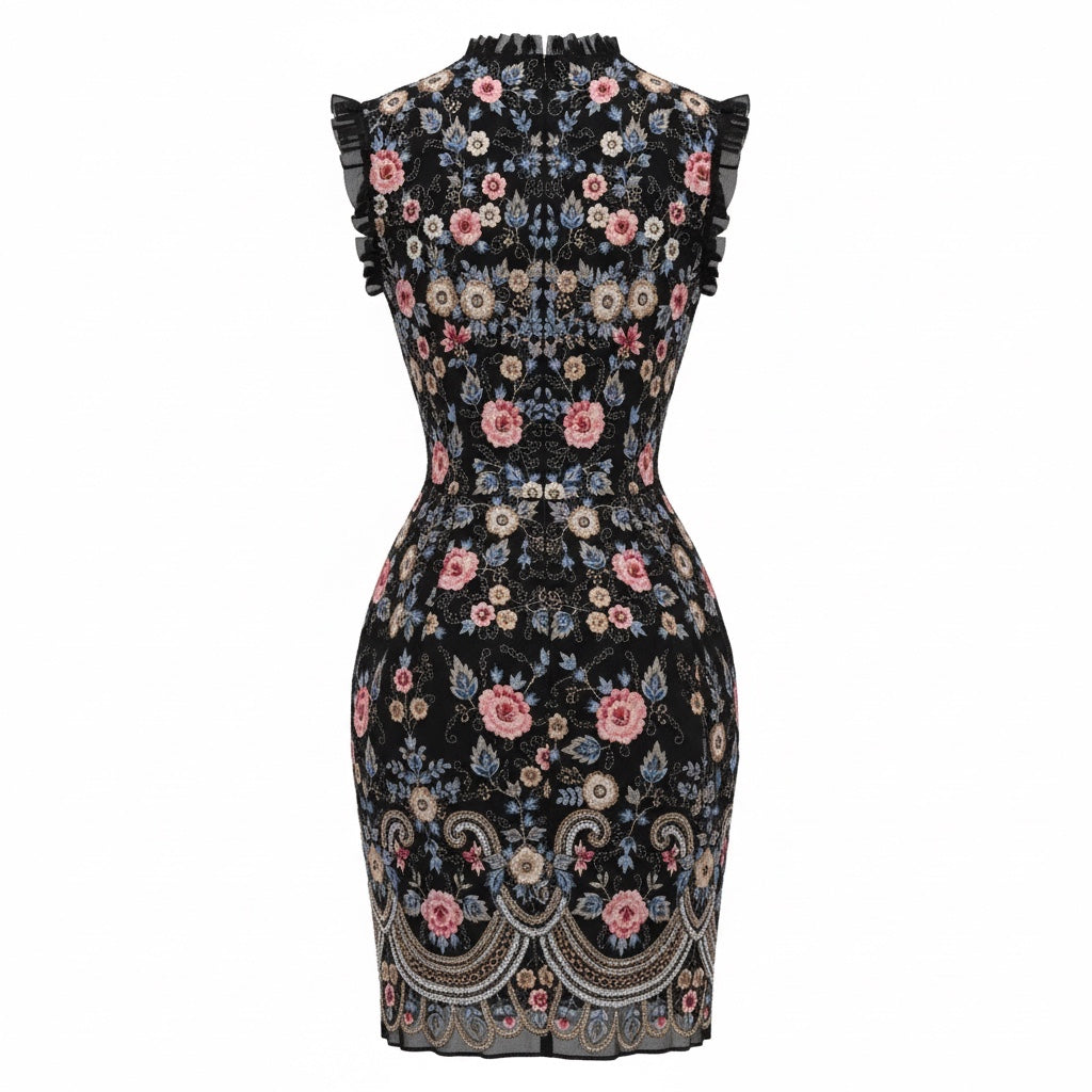 Needle & Thread Black Multi Floral Embroidered Mini Whisper Prom Dress