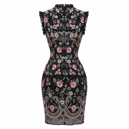 Needle & Thread Black Multi Floral Embroidered Mini Whisper Prom Dress