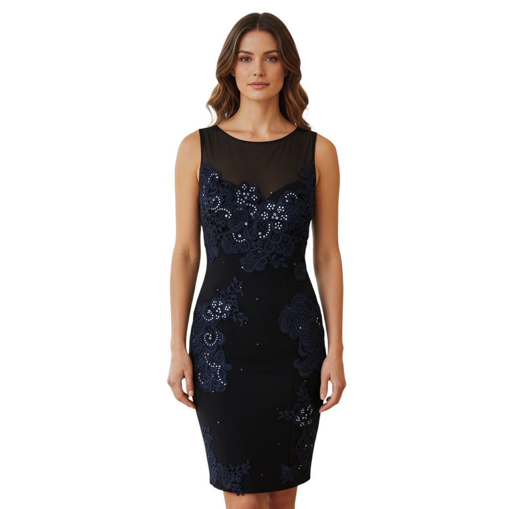Blumarine Black / Blue Crystal Embellished Lace Applique Sleeveless Cocktail Dress