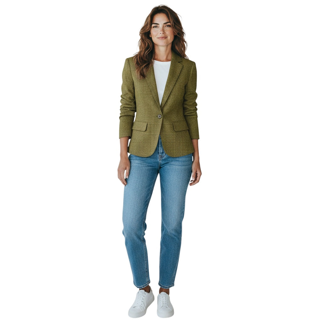 Max Mara Green / Brown Houndstooth Plaid Wool and Angora Blazer