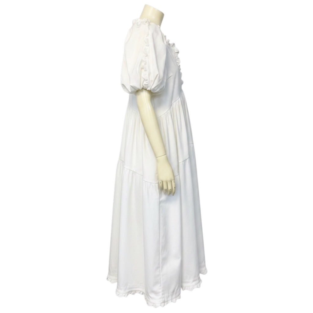 Kika Vargas White Ruffle Trim Cotton Stretch Midi Dress