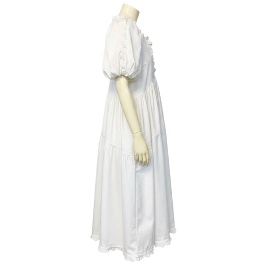 Kika Vargas White Ruffle Trim Cotton Stretch Midi Dress