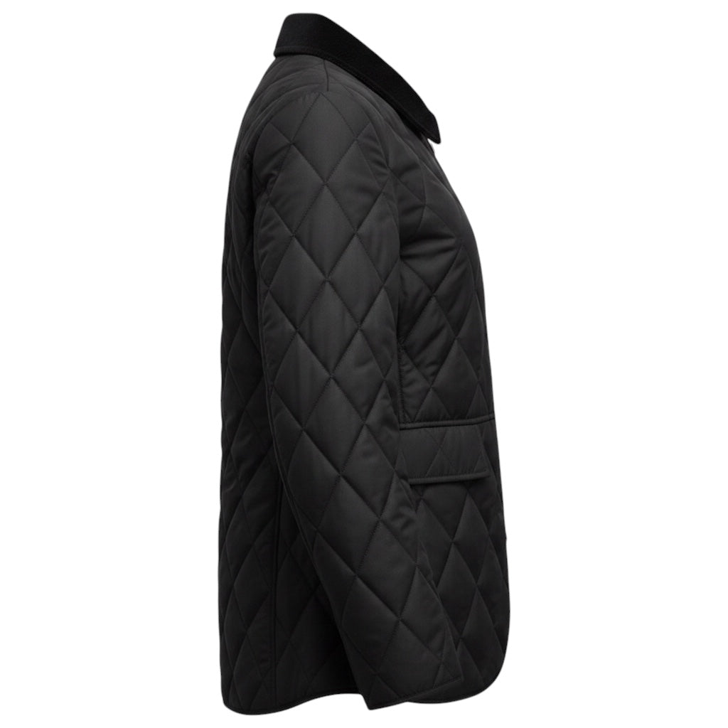 Burberry Navy Blue Quilted Zip Front Nova Check Lined Jacket with Patch Detail and Corduroy Collar