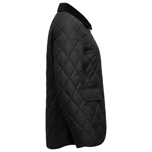 Burberry Navy Blue Quilted Zip Front Nova Check Lined Jacket with Patch Detail and Corduroy Collar