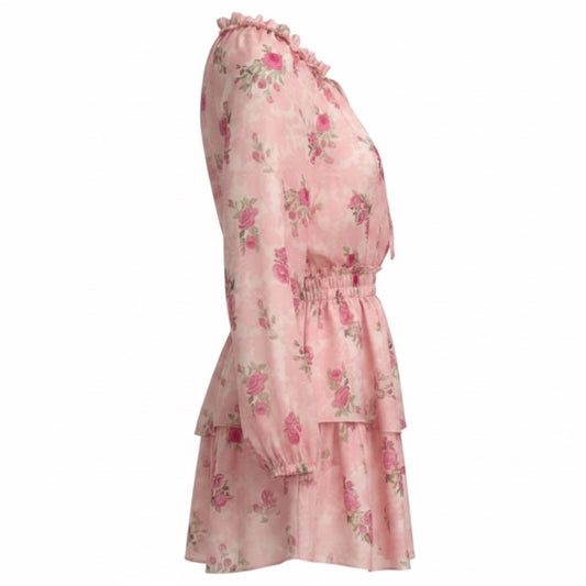 LoveShackFancy Pink Floral Long Sleeved Silk Mini Dress